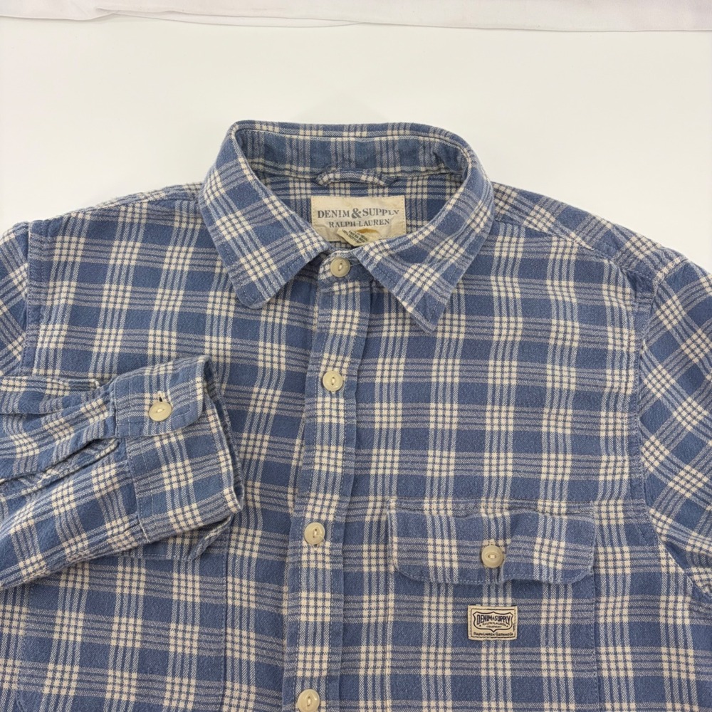 Denim & Supply Ralph Lauren Mens Blue White Plaid Cotton Flannel Shirt Small